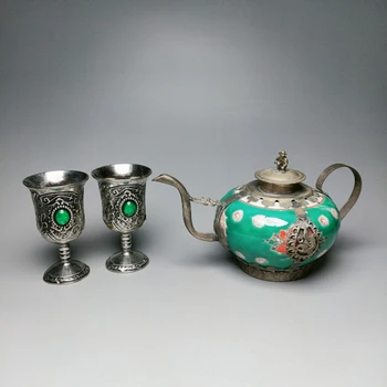 Vrhunsko Dekoracijo Doma Kitajski Porcelan Cvet Čaj Pot Vdelan z Miao Srebro Opica Kip, s Par Skodelic
