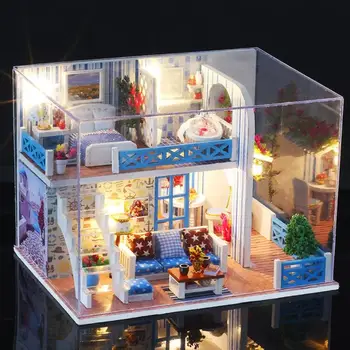1set DIY Lutka Hiša Pogled na Morje Miniaturni Lutke Lesene Koče Villa Skupščine Model Za Helen Obali Pohištvo Komplet Igrač Darilo za Rojstni dan