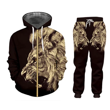 CJLM Priložnostne moška Trenirka Hlače pulover s kapuco 3D Tiskanje Dva kosa Zimska Jakna Moški Svoboden Velikosti Črna Žival Lev bo Ustrezala Šport