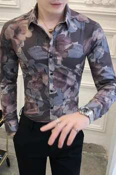 Pomlad Novo 2021 Moških Cvetlični Majice Dolg Rokav Moda Preprost Slim Fit Priložnostne Ulične Jopičem Nočni Klub Bluzo Homme 3XL-M Vroče