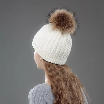 ženske modne pleteni debele zimske kape velikosti fox pom pom mink pompoms debele vztrajati toplejše kapa pozimi klobuk
