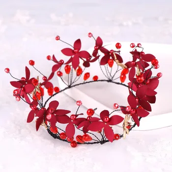 Rdeči listi lase krono headdress novi kristalni poročni dodatki