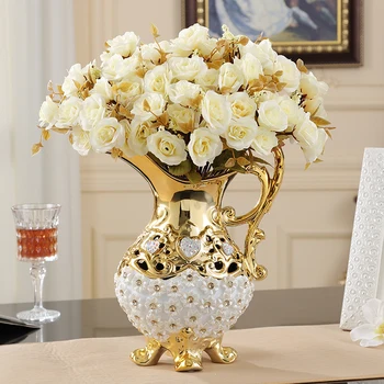 Evropa Luksuzni Visoko-kakovostni razred Diamond Smolo Vaza+Umetno Cvetlični Okras Doma Dekoracijo Obrti dnevna soba Cvetlični lonček Figur Umetnosti