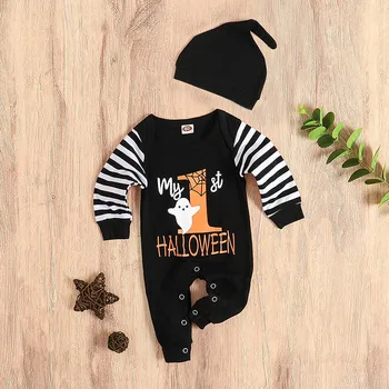 (0-18 M) Baby Dolg Rokav Halloween Prugasta Pismo Natisnjeno Romper Romper + Klobuk moj 1. halloween baby boy oblačila одежда для S4