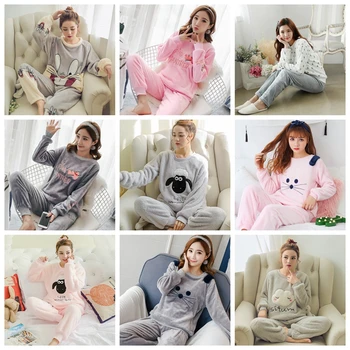 2020 Jeseni, Pozimi Ženske Pižame Nastavite Spanja Suknjič Hlače Sleepwear Toplo Nightgown Ženski Risanka Nosijo Živali Hlače Sleepwear